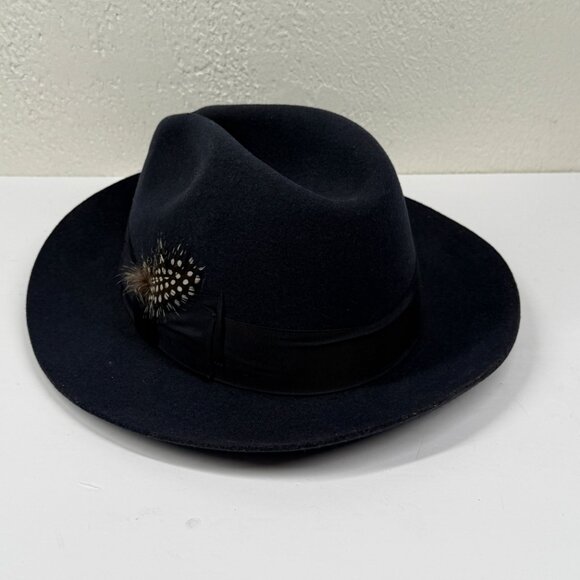 Stacy Adams Fedora Hat Wool Felt Navy Blue Feather Band XL Made in Mexico - Picture 3 of 8